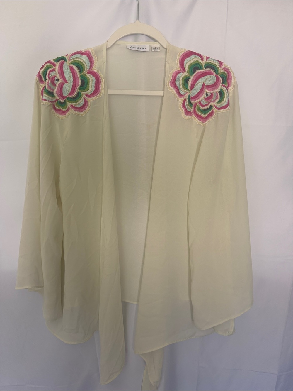 Joan Rivers Cream Floral-Shoulder Open Front Sheer Blouse